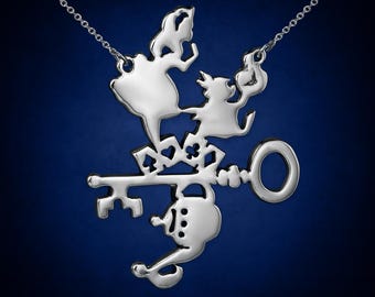 Pingente de prata esterlina Alice no País das Maravilhas: coelho, chave, bule, cartas, relógio