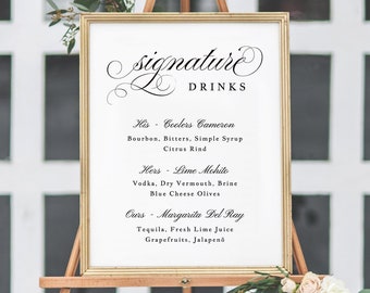 Modèle de signature de cocktails, signe de boisson imprimable, panneau de menu de boisson personnalisé, signe de bar de mariage, Templett, téléchargement instantané #SPP014sc