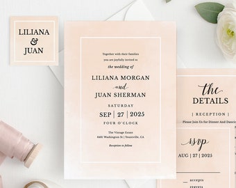 Printable Wedding Invitation Template, Wedding Invitation Set, DIY Wedding Cards, TEMPLETT, Watercolor Blush Rustic Modern #SPP043wis