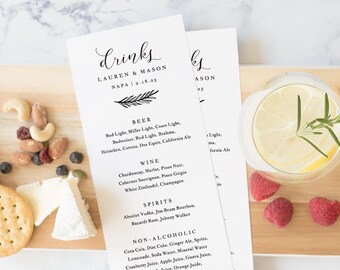 Drink Menu Template, Printable Wedding Drink Menu, Alcohol Menu, DIY Menu Card, TEMPLETT PDF Jpeg Download, Rustic Leaf Design #SPP031dm