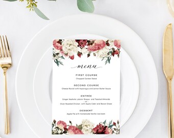 Wedding Menu Template, Printable Menu, Wedding Dinner Menu, DIY Menu Card, Rustic Flower Vintage Floral TEMPLETT PDF Jpeg Download #SPP002mn