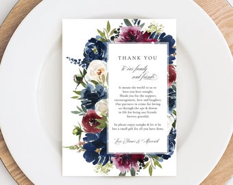 Red Navy Flower Wedding Thank You Note, Thank You Card, Thank You Letter, In Lieu of Favor Card, Place Setting Thank You Templett #SPP090ty