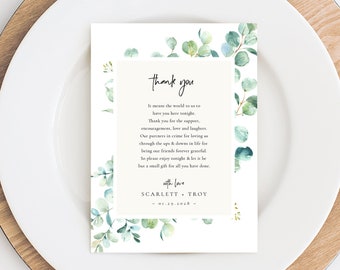 Eucalyptus Wedding Thank You Note, Thank You Card, Thank You Letter, In Lieu of Favor Card, Place Setting Thank You Templett #SPP085ty
