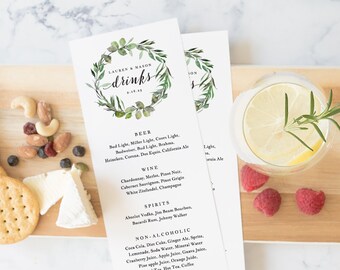 Drink Menu Template, Printable Wedding Drink Menu, Alcohol Menu, DIY Menu Card, TEMPLETT PDF Jpeg Download, Watercolor Wreath #SPP032dm