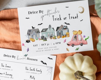 Drive by Halloween Trick or Treat Invitation Template, Drive Through Spooktacular Parade, Social Distancing No Contact Party #SPP088dhm