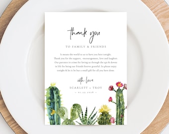 Cactus Wedding Thank You Note, Thank You Card, Thank You Letter, In Lieu of Favor Card, Place Setting Thank You Templett, Desert #SPP087ty