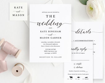 Printable Wedding Invitation Template, Wedding Invitation Set, DIY Wedding Cards, TEMPLETT, Modern Calligraphy, Rustic Wedding #SPP007iiwis