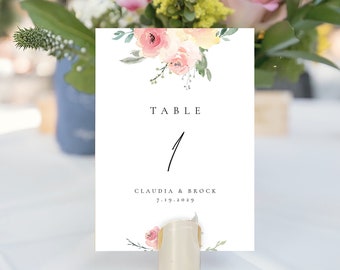 Blush Floral Table Numbers Template, Wedding Table Number Printable, TEMPLETT, PDF Jpeg, Watercolor Flower Design #SPP081tn