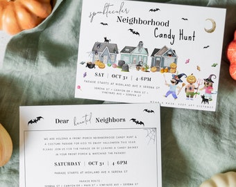 Neighborhood Halloween Trick or Treat Invitation Template, Spooktacular Parade and Candy Hunt, Social Distancing No Contact Party #SPP088nhm