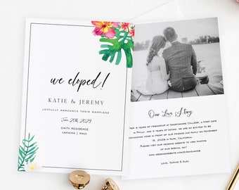 Tropical Flower We Eloped Card Template, Printable Wedding Announcement Card, Elopement Marriage Announcement, TEMPLETT PDF Jpeg #SPP082wep