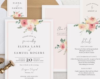 Blush Floral Wedding Invitation Template, Wedding Invitation Set, DIY Wedding Cards, TEMPLETT, PDF, Jpeg, Spring Wedding #SPP081wis