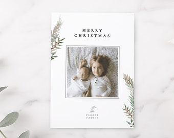 Greenery Holiday Card, Printable Greenery Christmas Card Template, Templett, baby, Merry Christmas, Pine Tree PDF JPEG Descargar #SPP076gr