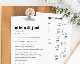 Wedding Itinerary Card, Welcome Note, Printable Wedding Itinerary, Agenda, Schedule, Welcome Bag Letter, Timeline Icon, Templett #SPP061we