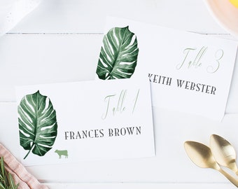 Tropical Greenery Wedding Place Card Printable, Place Card Template, Meal Choice Selection, Name, Seating, Templett, Monstera Leaf #SPP067pc