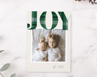 Groene Plaid JOY Holiday Card, Afdrukbare Kerstkaart Sjabloon, Templett, baby, Vrolijk Kerstfeest, Groene Plaid PDF JPEG Download #SPP093gjy