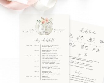 Floral Pumpkin Wedding Timeline Card Template, Printable Wedding Itinerary, Wedding Itinerary, Welcome Bag, Icons, TEMPLETT #SPP073we