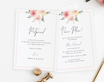 Plantilla de invitación de boda pospuesta floral, anuncio de nuevo plan de boda, cambio de planes, tarjeta de bricolaje, TEMPLETT, PDF, jpeg #SPP081pwi