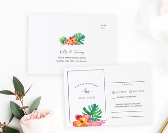 Tropical Floral Rsvp Card Template, Printable Wedding RSVP, RSVP Postcard, Response Card, TEMPLETT, Jpeg pdf, Hawaiian Flower #SPP082rs