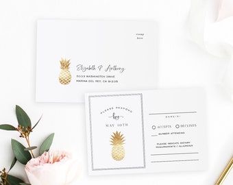 Gold Pineapple Rsvp Card Template, Printable Wedding RSVP, RSVP Postcard, Response Card, TEMPLETT, Jpeg pdf, Hawaiian Wedding #SPP089rs