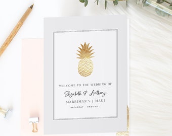 Gold Pineapple Wedding Program Book Template, Printable Wedding Program, Ceremony Printable Template, TEMPLETT, Aloha Wedding #SPP089prb