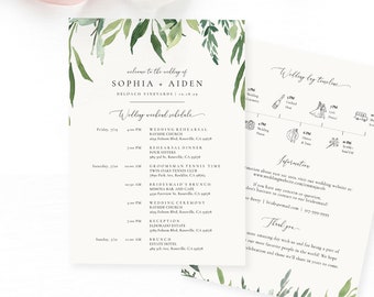 Greenery Branch Wedding Timeline Card Template, Printable Wedding Itinerary, Wedding Itinerary, Welcome Bag, TEMPLETT, Watercolor #SPP079we