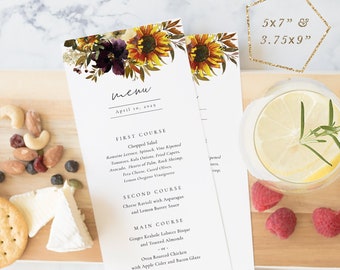 Sunflower Pumpkin Dinner Menu Printable, Wedding Menu Template, Drink Menu, Wine List, TEMPLETT, Party Menu, Personalized Menu #SPP091mn