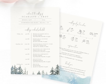 Evergreen Forest Wedding Timeline Card Template, Printable Wedding Itinerary, Wedding Itinerary, Welcome Bag, TEMPLETT, Christmas #SPP077we