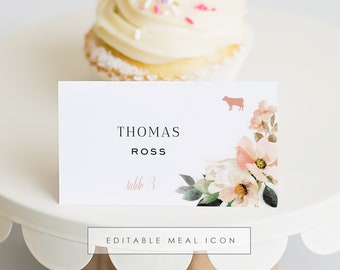 Blush Floral Wedding Place Card Printable, Place Card Template, Meal Choice Selection, Name, Seating, Templett, Watercolor flower #SPP066pc