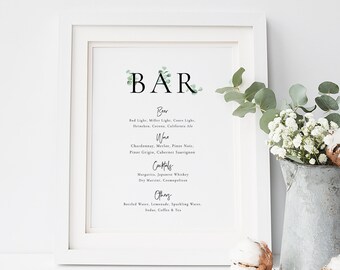 Plantilla de letrero de menú de eucalipto, letrero de bar, menú de bar de bodas imprimible, menú de bebidas, boda de vinyard, TEMPLETT PDF Jpeg Descargar #SPP085bm