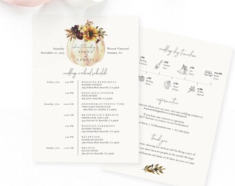 Sunflower Pumpkin Wedding Timeline Card Template, Printable Wedding Itinerary, Wedding Itinerary, Welcome Bag, Icons, TEMPLETT #SPP091we