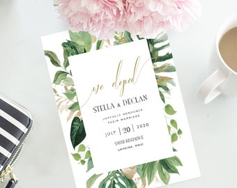 Tropica Greenery We Eloped Card Template, Printable Wedding Announcement Card, Elopement Marriage Announcement, TEMPLETT PDF Jpeg #SPP067wep