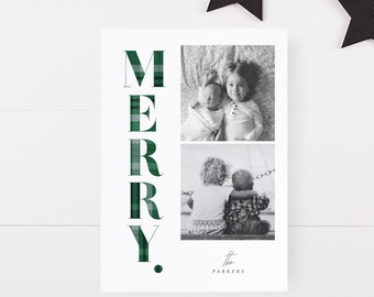 Green Plaid Merry Holiday Card, Plantilla de tarjeta de Navidad imprimible, Templett, bebé, Feliz Navidad, Green Plaid PDF JPEG Descargar #SPP093gmr