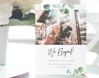 Eucalyptus We Eloped Card Template, Printable Wedding Announcement Template, Elopement Marriage Announcement, TEMPLETT PDF Jpeg #SPP085wep