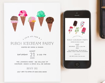 Printable Icecream Party Invitation Template, Birthday, Baby Shower, Couples Shower, Porch kids Party, TEMPLETT, PDF, Jpeg #SPP088ice