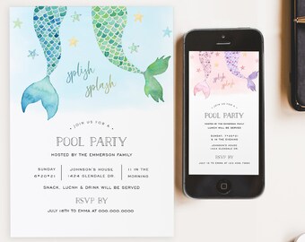 Mermaid Pool Party Invitation Template, Birthday, Kids Party, Summer Garden Party, Splish Splash, TEMPLETT, PDF, Jpeg #SPP088pom