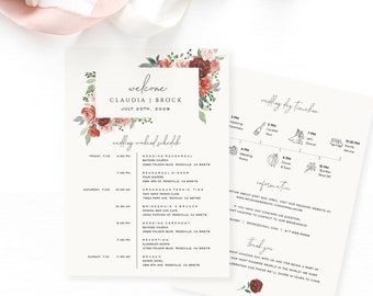 Red Burgundy Wedding Timeline Card Template, Printable Wedding Itinerary, Wedding Itinerary, Welcome Bag, Icons, TEMPLETT #SPP068we