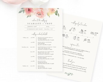 Blush Floral Wedding Timeline Card Template, Printable Wedding Itinerary, Wedding Itinerary, Welcome Bag, TEMPLETT, Spring #SPP081we