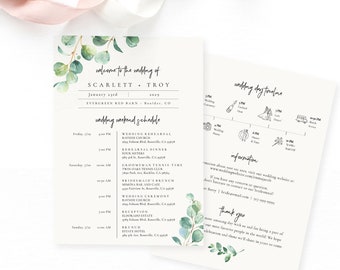 Plantilla de tarjeta de línea de tiempo de boda de eucalipto, itinerario de boda imprimible, itinerario de boda, bolsa de bienvenida, TEMPLETT, hoja de acuarela #SPP085we