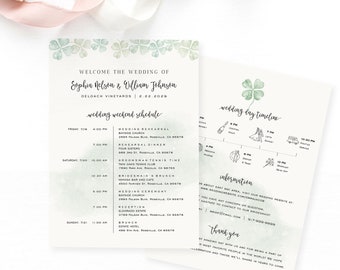 Clover Wedding Timeline Card Template, Printable Wedding Itinerary, Wedding Itinerary, Welcome Bag, TEMPLETT, St Patrick's Party #SPP083we