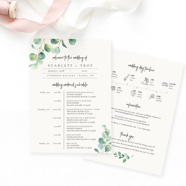 Eucalyptus Wedding Timeline Card Template, Printable Wedding Itinerary, Wedding Itinerary, Welcome Bag, TEMPLETT, Watercolor Leaf #SPP085we