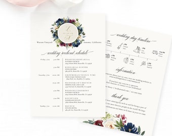 Red Blue Flowers Wedding Timeline Card Template, Printable Wedding Itinerary, Wedding Itinerary, Welcome Bag, Icons, TEMPLETT #SPP090we