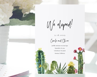 Cactus We Eloped Card Template, Printable Wedding Announcement Template, Elopement Marriage Announcement, TEMPLETT PDF Jpeg #SPP087wep