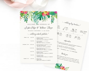 Tropical Flower Wedding Timeline Card Template, Printable Wedding Itinerary, Wedding Itinerary, Welcome Bag, TEMPLETT, Hawaiian #SPP082we