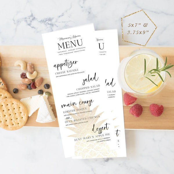 Gold Pineapple Dinner Menu Printable, Wedding Menu Template, Drink Menu, Wine List, TEMPLETT, Party Menu, Personalized Menu #SPP089mn