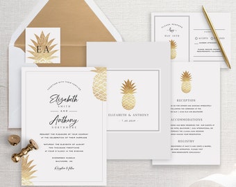 Gold Pineapple Wedding Invitation Template, Wedding Invitation Set, DIY Wedding Cards, TEMPLETT, PDF, Jpeg, Faux Gold Foil #SPP089wis