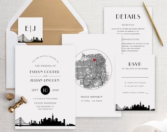 San Francisco Wedding Invitation Template, Wedding Invitation Set, DIY Wedding Cards, TEMPLETT, PDF, Jpeg, Skyline, Map Bay Area #SPP071wis