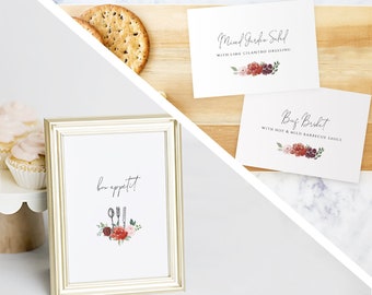 Red Botanical Printable Buffet Label Template, Buffet Food Sign, Dessert Stations Label, TEMPLETT, Bon Appetit, Fall Wedding #SPP068fl