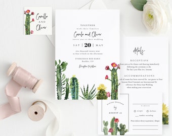 Cactus Wedding Invitation Template, Wedding Invitation Set, DIY Wedding Cards, TEMPLETT, PDF, Jpeg, Watercolor Greenery #SPP087wis
