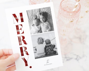 Red Plaid Merry Holiday Card, Plantilla de tarjeta de Navidad imprimible, Templett, bebé, Feliz Navidad, Red Plaid PDF JPEG Descargar #SPP093rmr