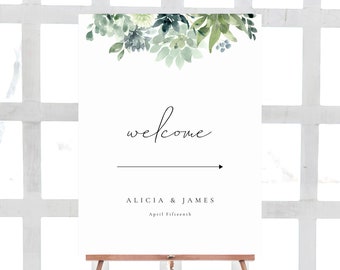 Succulents Welcome Arrow Sign Template, Printable Wedding Direction Sign, Reception Sign, TEMPLETT PDF Jpeg Download, Greenry #SPP062arr